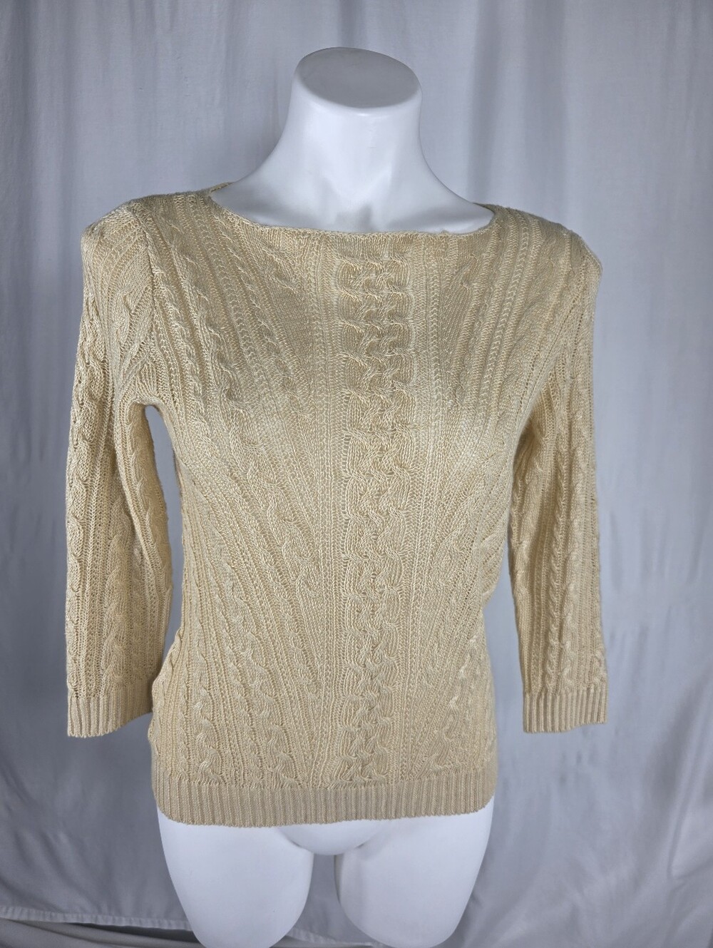 Lauren Ralph Lauren 100% Linen Cable Knit Sweater Tan Petite M Coastal Quiet Lux